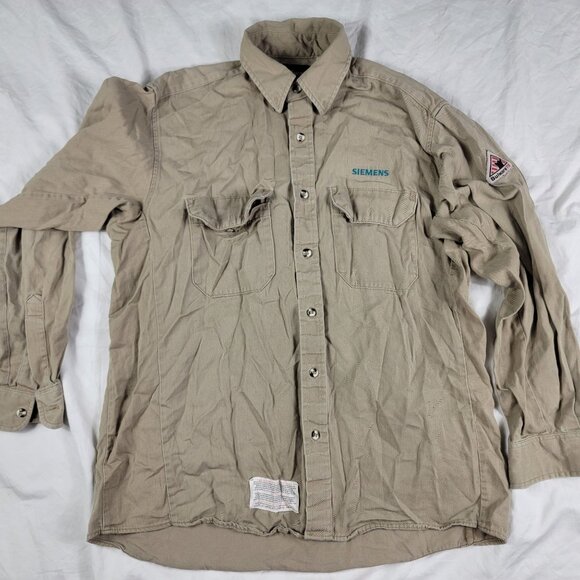 Bulwark FR Mens Medium Beige Long Sleeve Shirt Work Wear Casual Outdoors - Picture 1 of 8